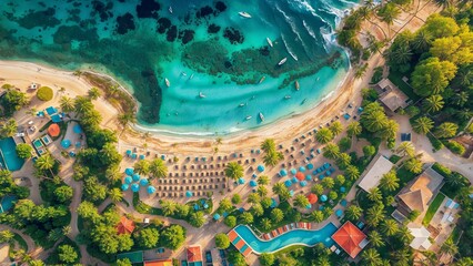 An aerial view of a tropical resort with a beach, clear blue water, palm trees, and a lazy river pool.