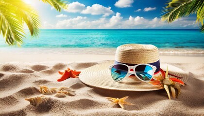 Fototapeta na wymiar straw hat and sunglasses on beach