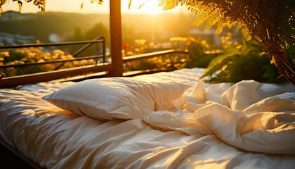 crumpled bed on sunrise sun lights