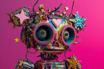 high quality photorealistic, highly detailed, clean and sharp photo of Sculpture of a super cute adorable colorful punk rock raver robot made of electronic junk, stars, hearts in found object