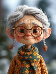 old lady standing in a isometric mini world, popout effect in 3d