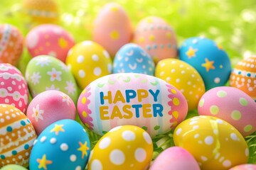 Fototapeta na wymiar Happy Easter close up of colorful eggs Generative AI