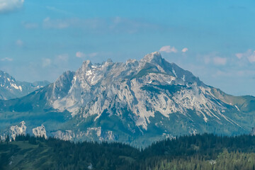 Panoramic view of alpine landscape seen from Allakogel, Hochschwab mountains, Styria, Austria....