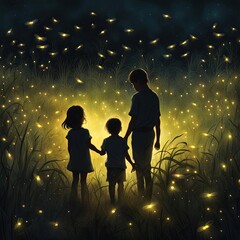 Silhouette of young children in a country field at night with glowing fireflies