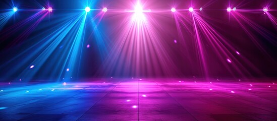 Neon Blue pink violet stage lighting illuminated, lens flare effect, shining star rays.AI generated - obrazy, fototapety, plakaty
