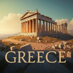 The Parthenon at the Acropolis of Athens, Greece with the word Greece written below