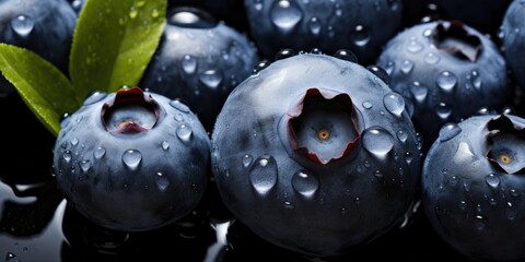 Ripe blueberries with dew drops close-up, top view. Shot for a poster. Generative AI