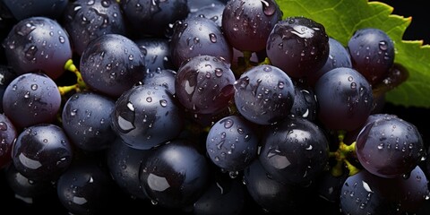 Close-up shot of blue ripe grapes with water drops. Generative AI
