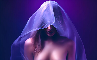 Womank with a veil on her head on a purple background