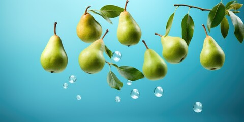 Levitation of sweet green pears in the air with splashes of water. Generative AI