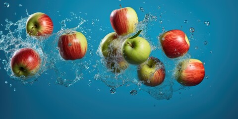 Levitation of red apples in the air, with splashes of water, blue background. Generative AI
