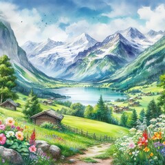 Alpine scenery with mountains and lake in the summer 