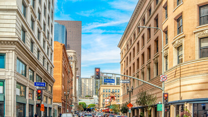 Spring street in downtown Los Angeles on a sunny day - obrazy, fototapety, plakaty