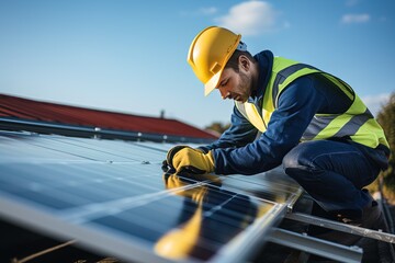 technician worker in a work suit and helmet repairs and cleans solar panels on roof, sustainable energy solutions for homes