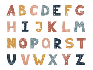 Scandinavian style alphabet with line ornament. Flat simple colorful kids letters set. Children Cartoon font for school education, nursery, preschool, book, poster, flyer. Decorative ABC © Svetlana