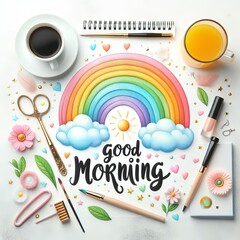 Illustration of a rainbow, coffee and juice with good morning written below