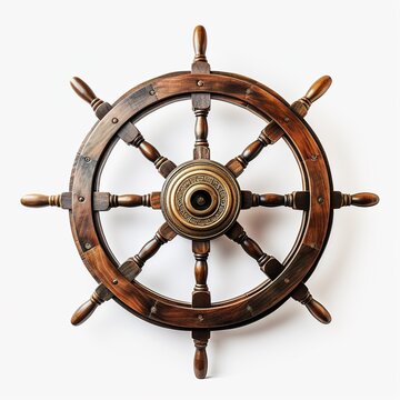 Steering Wooden Wheel Rudder From A Ship, On A White Background