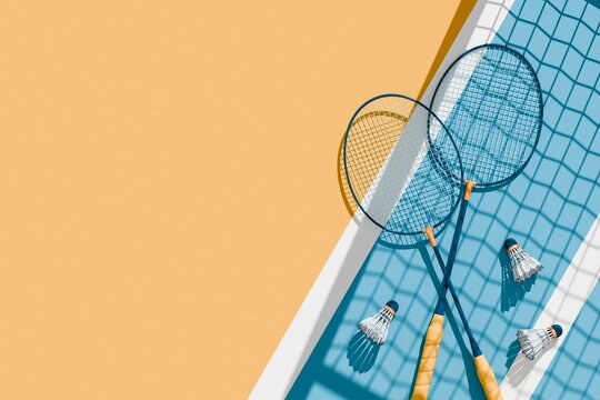 Badminton sport equipments, rackets and shuttlecocks under the shadow of the grid on court. 3d illustration, render. Top view, copy space