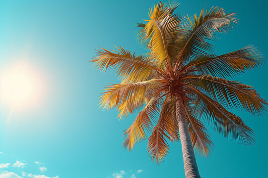 Copy space of tropical palm tree with sunlight on sky background