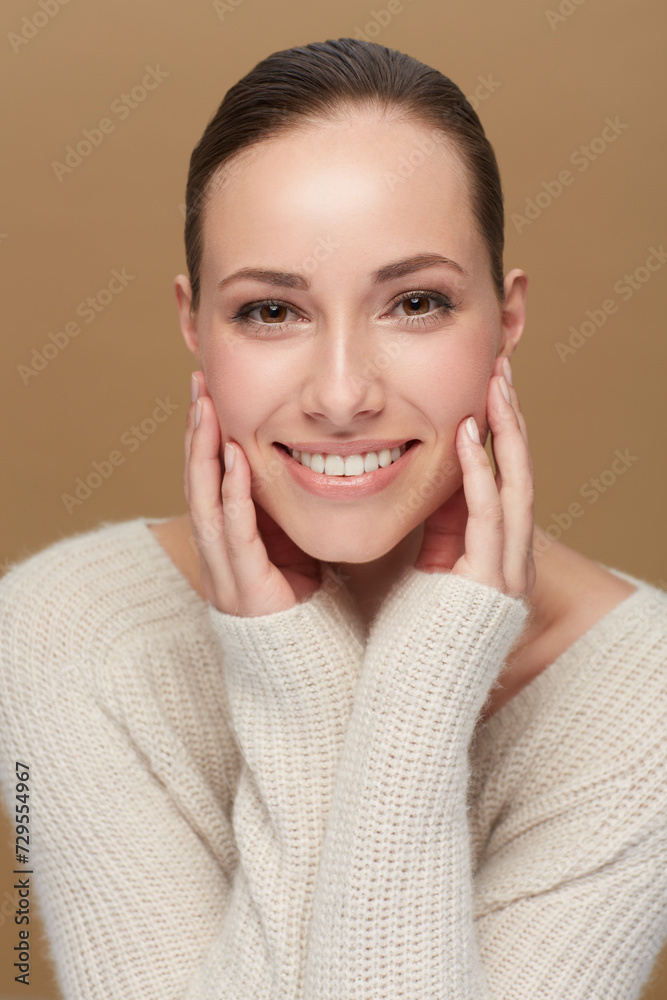 Poster Winter, beauty or portrait of natural woman in studio isolated on brown background for fashion or wellness. Face, skincare and relax with confident model or happy person in wool jersey or sweater