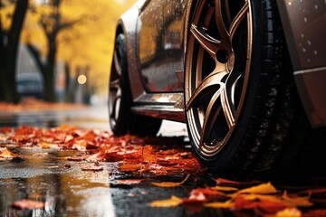 closeup side view of black car tires on asphalt road on rainy autumn day
