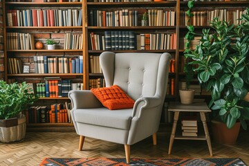 Modern library with cozy armchair and book shelves with books arranged in room with potted plant