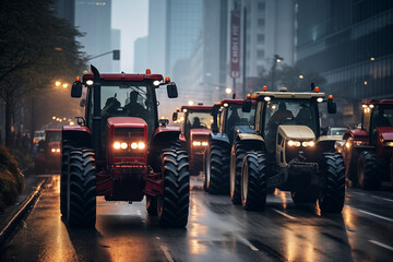 Protest of farmers and ranchers with tractors in the city
