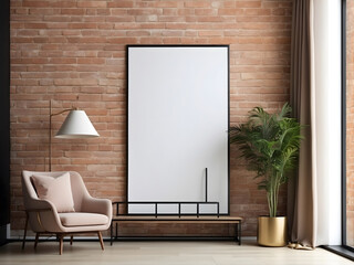 Poster image with a blank front realistic on a mockup template in a brick wall in a luxury modern clothing shop design.