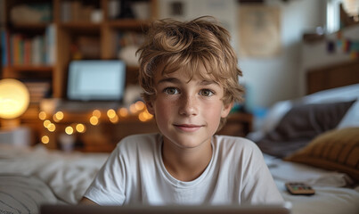Chłopiec siedzi w swoim pokoju na łóżku przed laptopem, patrzy się w kamerę. Delikatnie uśmiechnięte 12 letnie dziecko. - obrazy, fototapety, plakaty