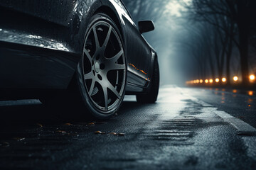 closeup side view of black car tires on wet asphalt road on foggy evening