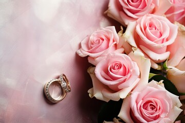 two wedding golden rings with beautiful pink roses flowers on pastel pink background top view