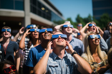 A crowd of people watch the annular solar eclipse - obrazy, fototapety, plakaty