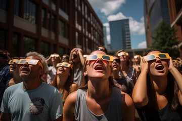 A crowd of people watch the annular solar eclipse - obrazy, fototapety, plakaty