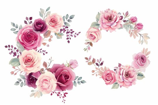 Set of rose flower watercolor frame wreath design pink and white bouquet flower design vector.