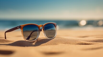 Fototapeta na wymiar Sunglasses on the beach. Selective focus.
