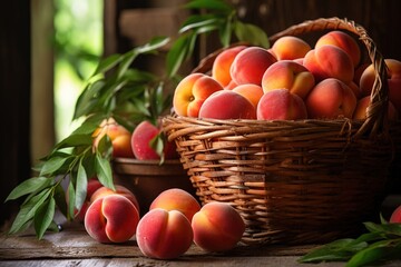 basket filled with ripe tasty peaches on a blurred background