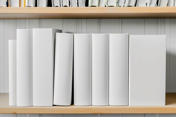 Six white books with blank covers on a bookshelf - realistic mockup of blank book covers standing...