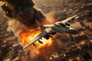 Bomber plane dropping bombs at rebel fighters