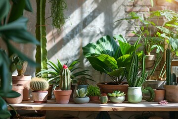 Stylish composition of home garden interior filled a lot of beautiful plants, cacti, succulents, air plant in different design pots. Home gardening concept Home jungle. Copy spcae. Template