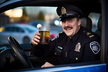 Drunk police officer driving car with beer - obrazy, fototapety, plakaty