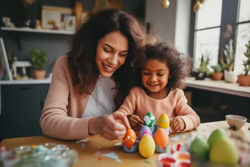 Foto op Canvas Easter Family traditions. Loving ethnic young mother teaching happy little kid soon to dye and decorate eggs with paints for Easter holidays while sitting together at kitchen table © Steam visuals