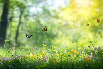 Summer forest glade with flowering grass and butterflies on a sunny day - obrazy, fototapety, plakaty