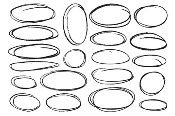 Set of hand drawn doodle grunge circle highlights. Round scrawl frames ellipses. Collection of different brush drawn marker elements. - obrazy, fototapety, plakaty