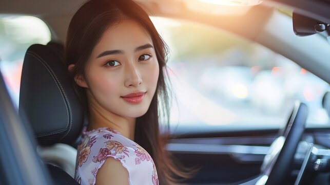 Portrait of an attractive young Asian woman driving car with a big empty space, Generative AI.