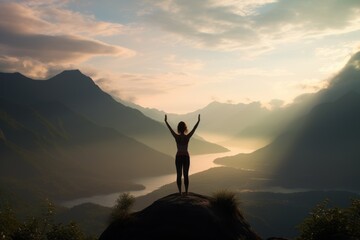 Woman standing on a mountain peak, wallpaper background - Powered by Adobe