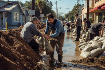 People preparing sandbags during flood in the city