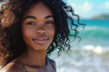 Handsome african american woman posing on the beach. Summer time