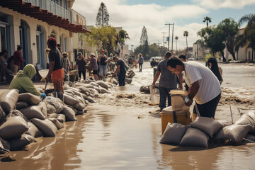 People preparing sandbags during flood in the city