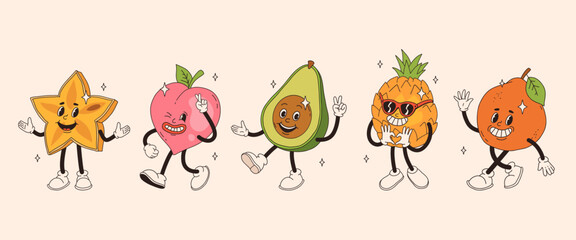 Retro groovy fruit characters. Funky cartoon mascot of karambola peach avocado pineapple orange with happy smile face. Funny vintage trendy style character.