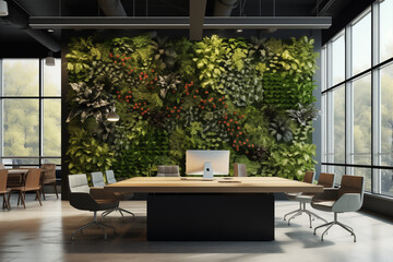 Office interiror with flora and fauna or vertical garden